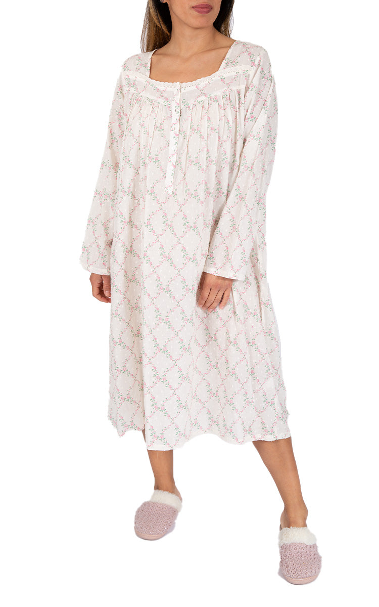 French Country 100% Cotton Nightgown with Long Sleeve in Pink FCS321
