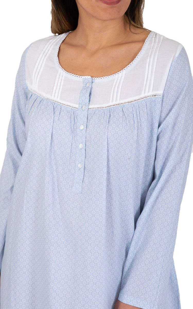 French Country 100% Cotton Nightgown with Long Sleeve in Blue and White Floral FCU340