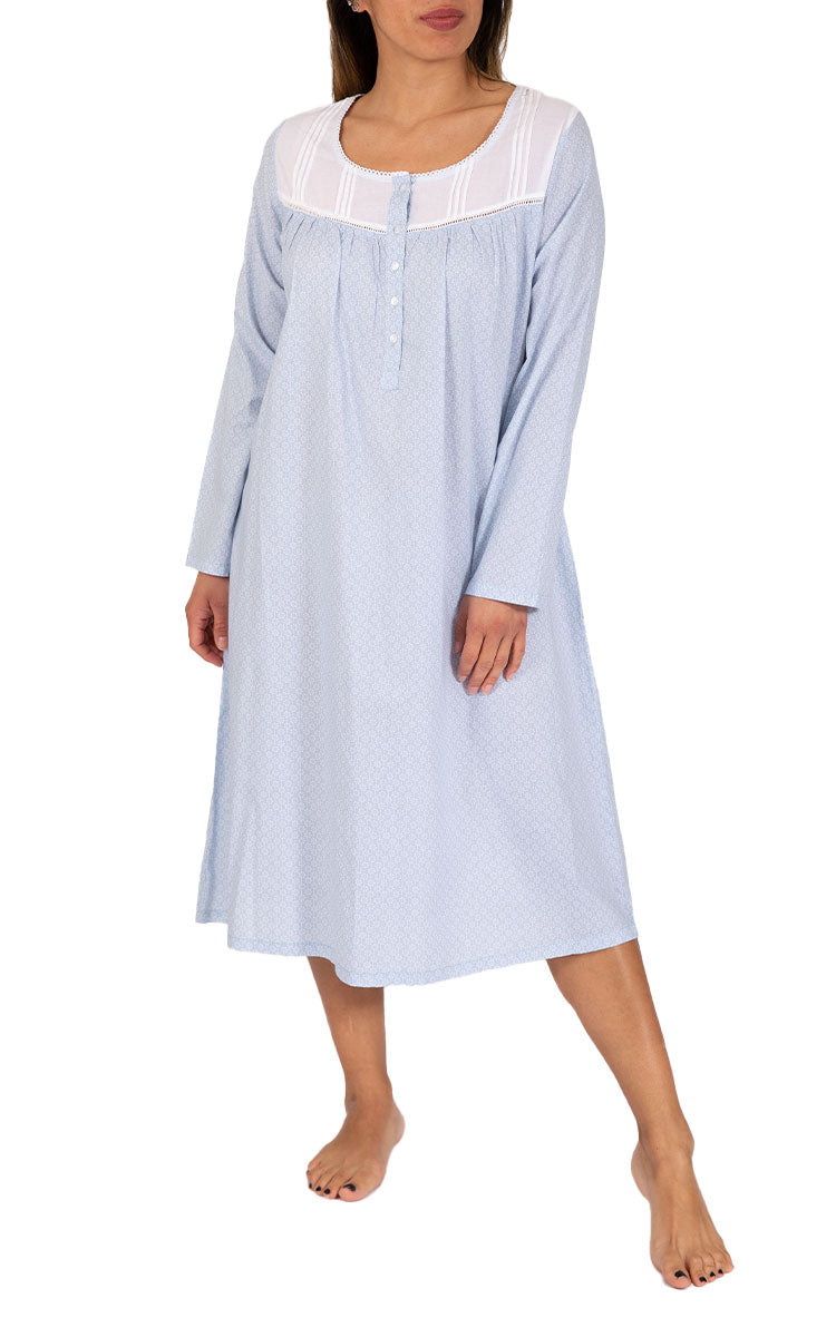 French Country 100% Cotton Nightgown with Long Sleeve in Blue and White Floral FCU340