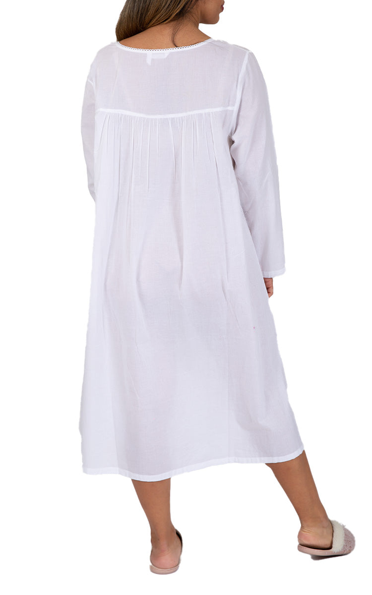 Woman wearing white cotton nightie from french country australia