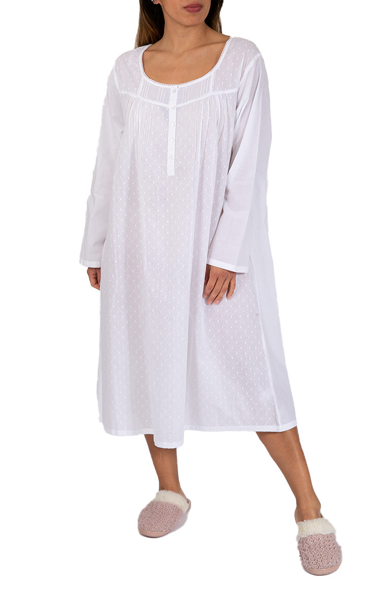 Woman wearing white cotton nightie from french country australia