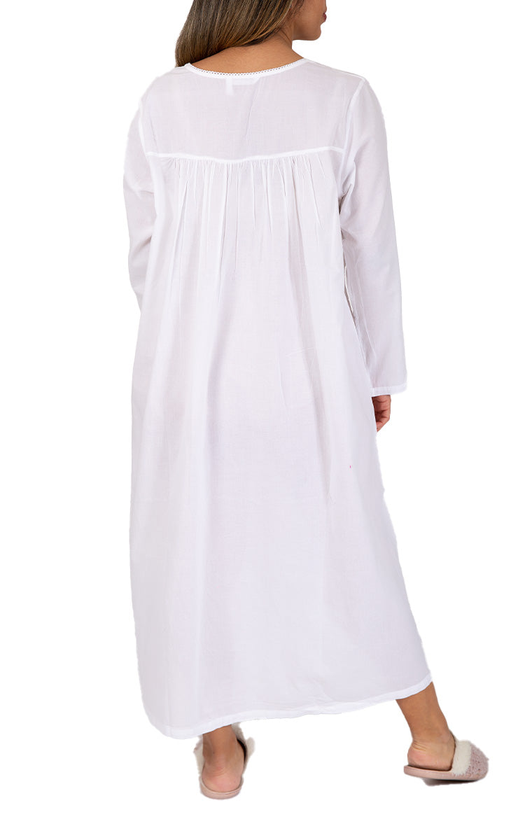 French Country 100% Cotton Nightgown with Long Sleeve in White FCU352