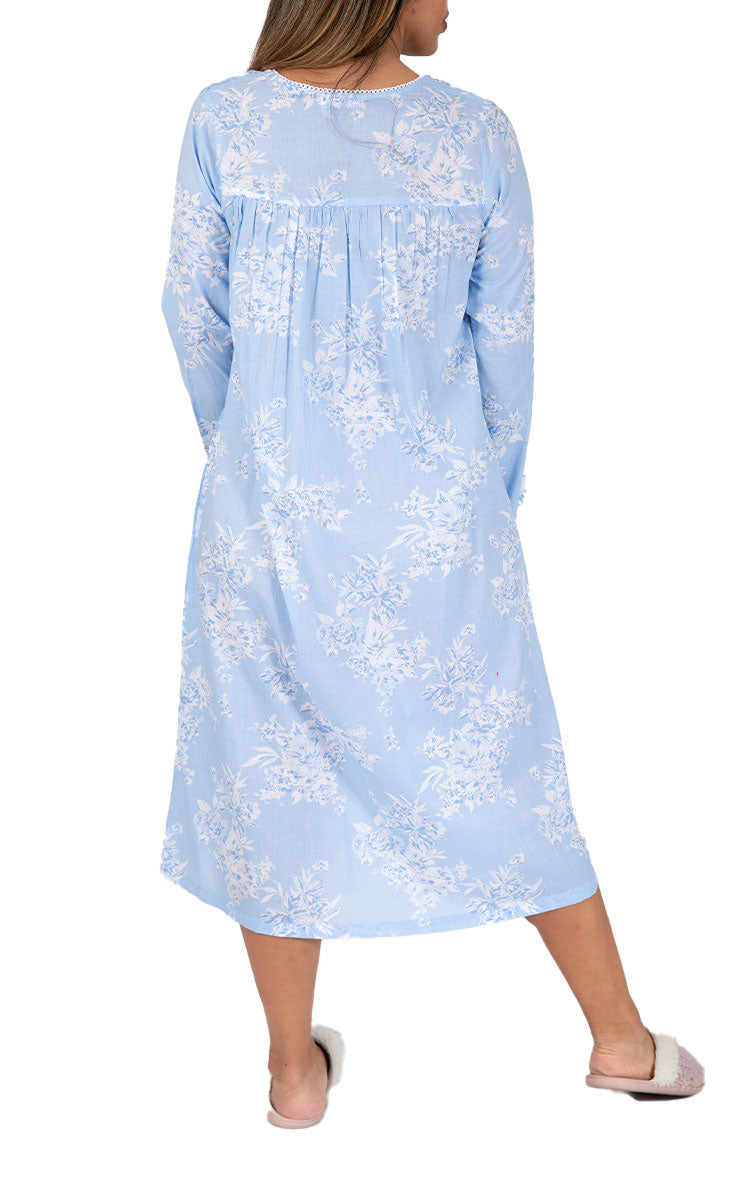 French Country 100% Cotton Nightgown with Long Sleeve in Blue Floral FCX300