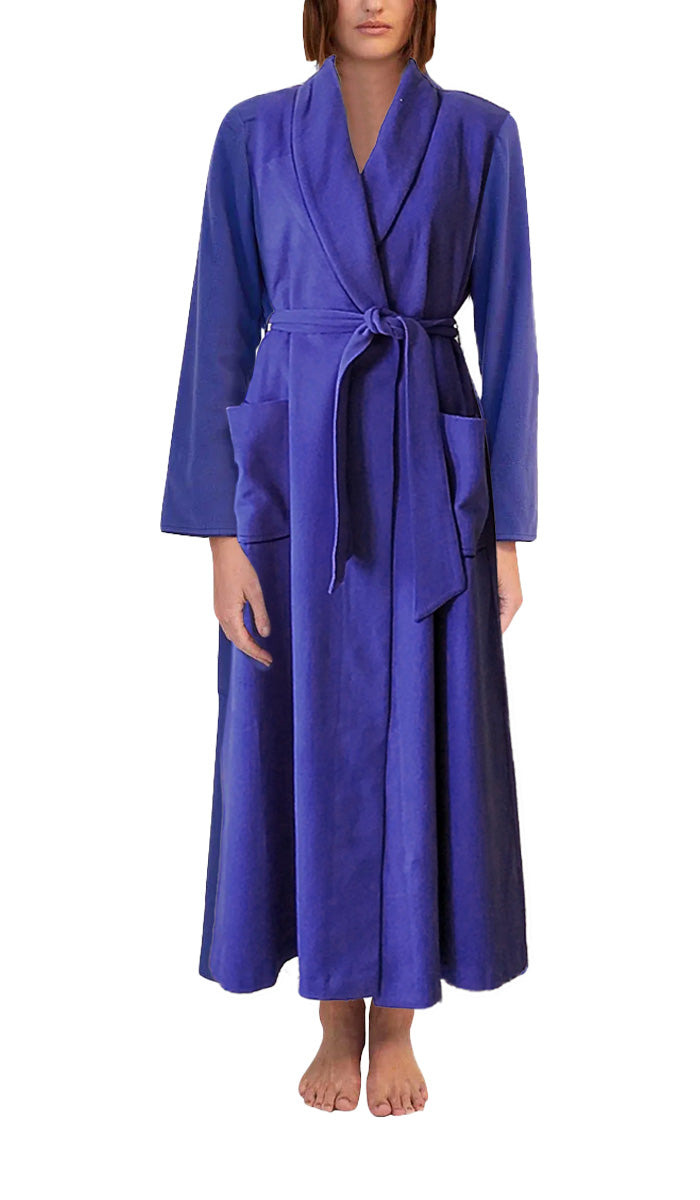 Woman wearing long cashmere winter robe that wraps around by ginia