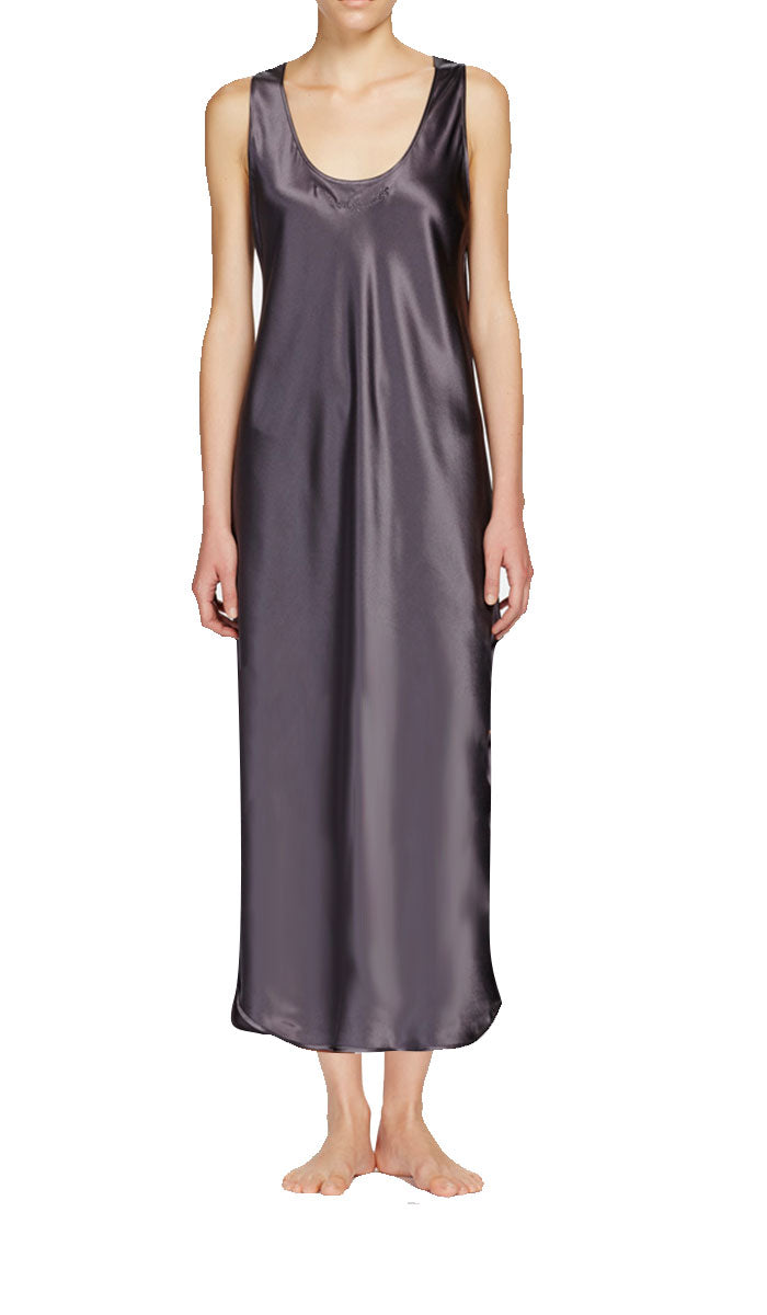 Woman wearing ginia silk round neck nightdress in smoke