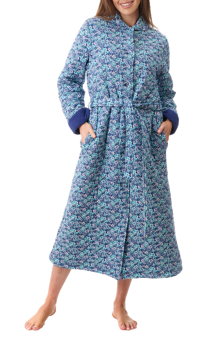Givoni 100% Cotton Quilted Robe In Royal Blue Floral Jada 7QP31J