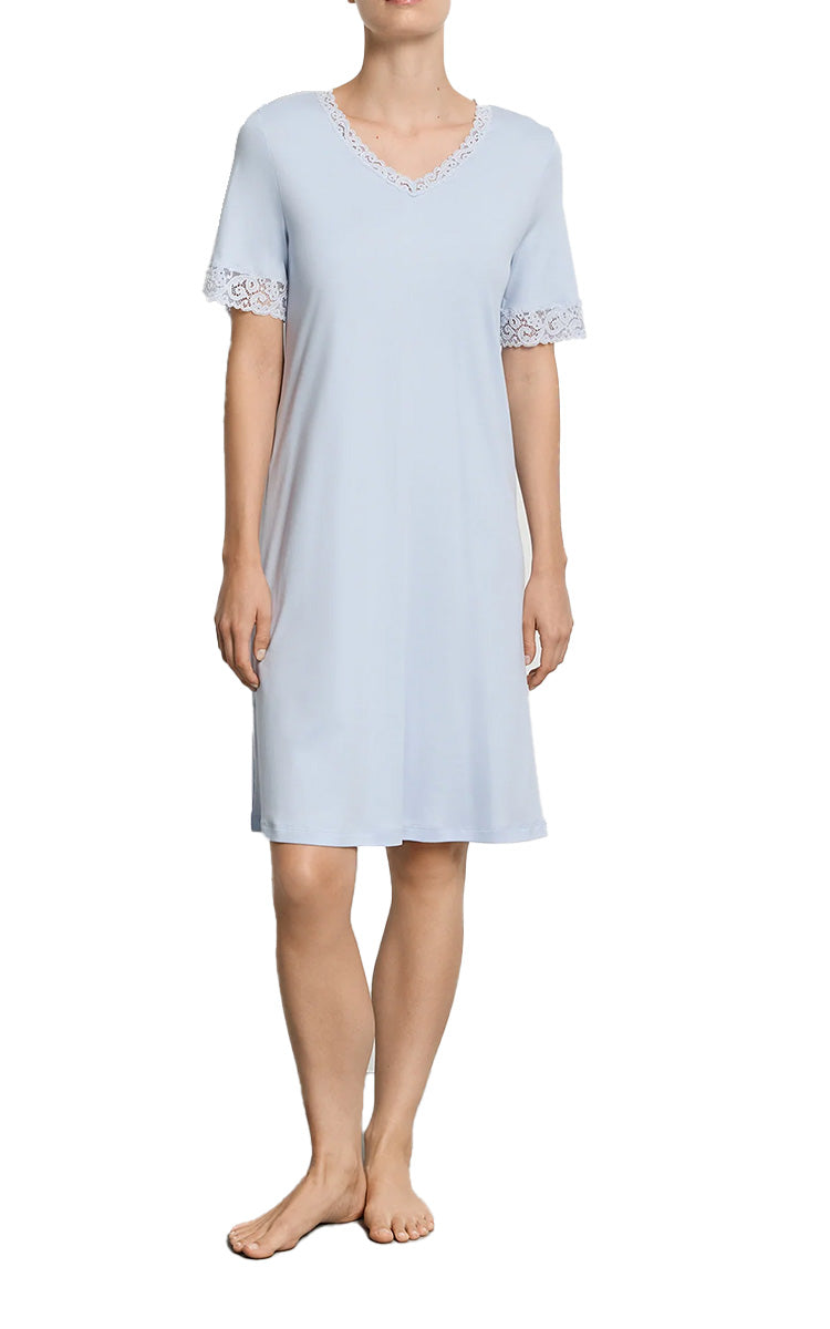 Hanro 100% Cotton Nightgown with Short Sleeve in Dove Blue Moments H7040