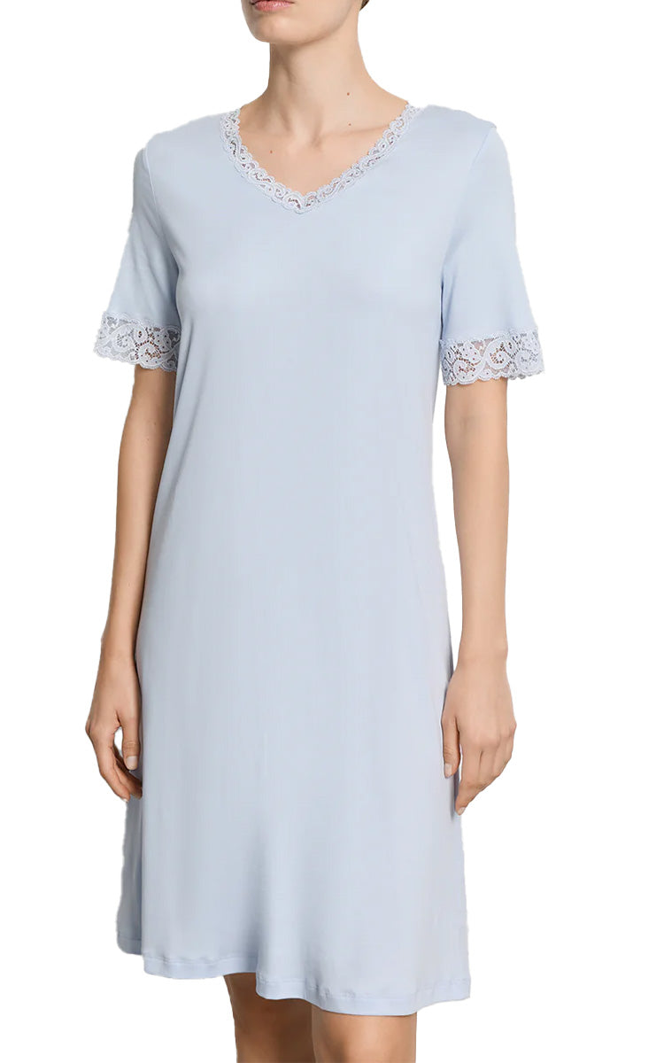Hanro 100% Cotton Nightgown with Short Sleeve in Dove Blue Moments H7040