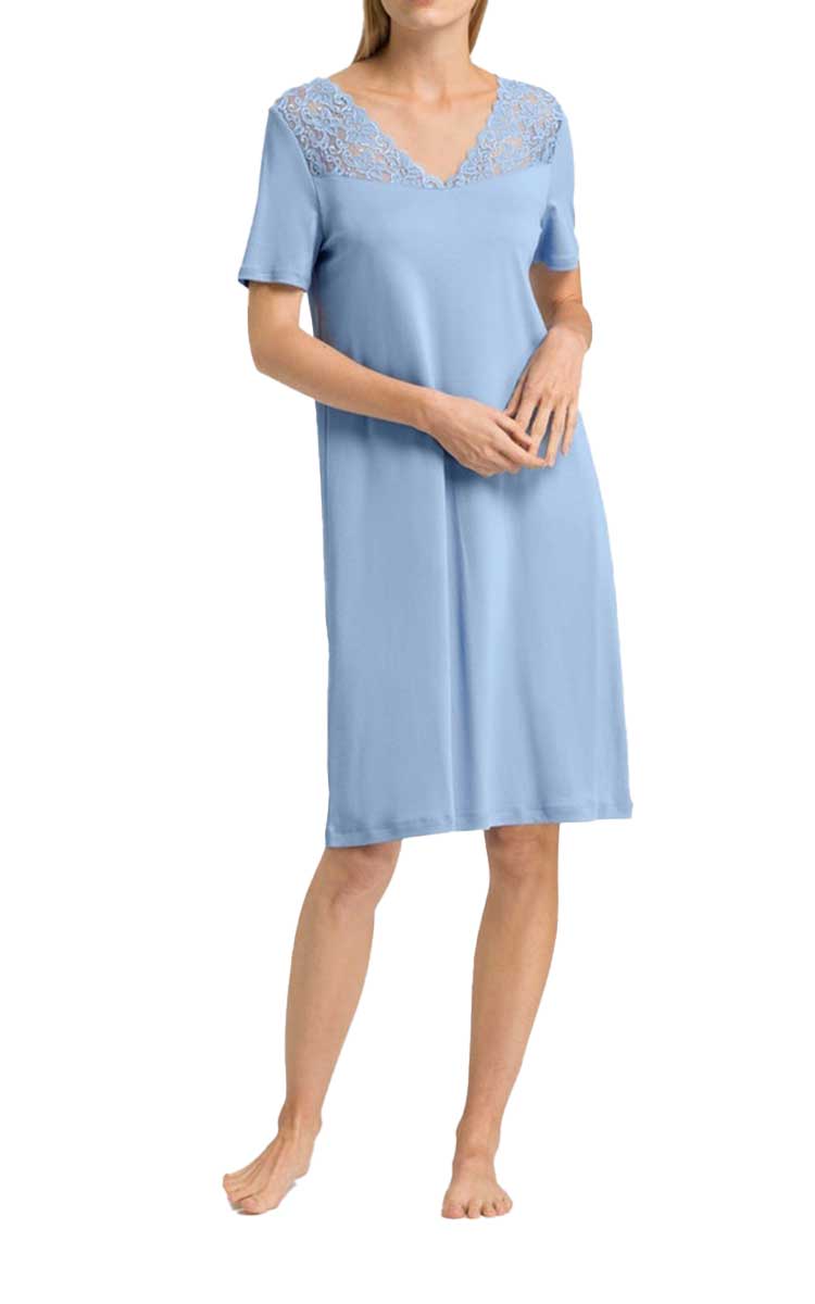Hanro 100% Cotton Nightgown with Short Sleeve in Blue Moon 7930