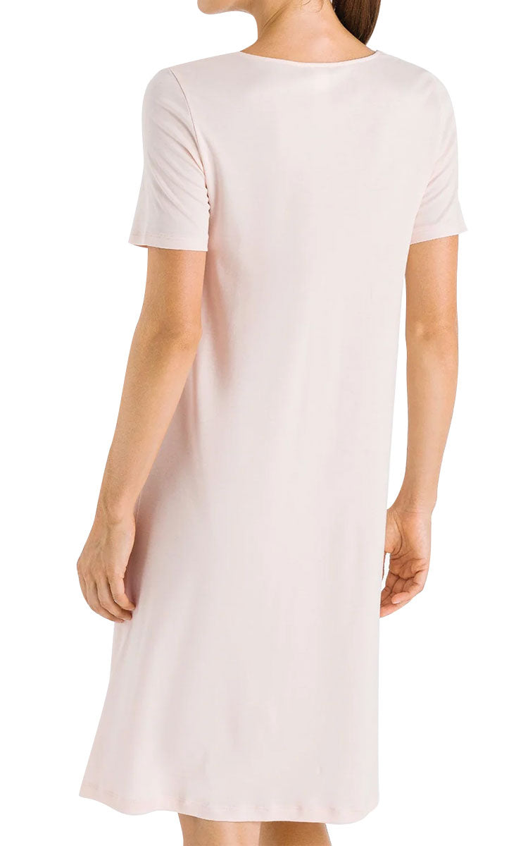 woman wearing hanro short sleeve nightgown crystal pink