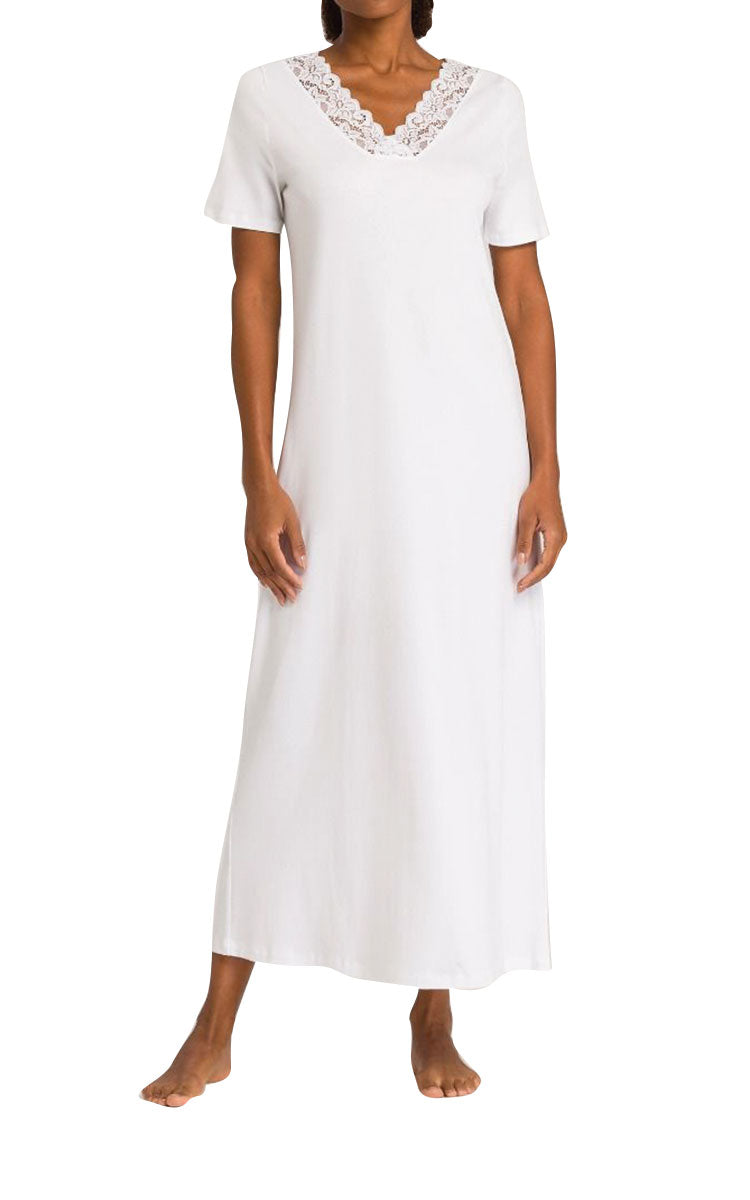 woman wearing hanro cotton nightgown with short sleeve in white