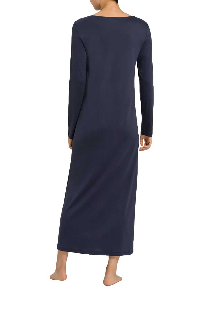 woman wearing hanro winter nightgown in blueberry