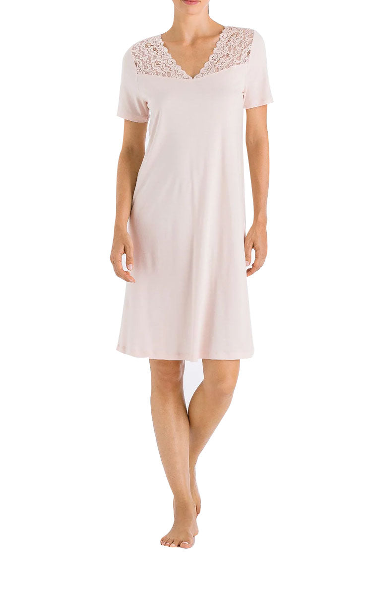 woman wearing hanro short sleeve nightgown pink moments