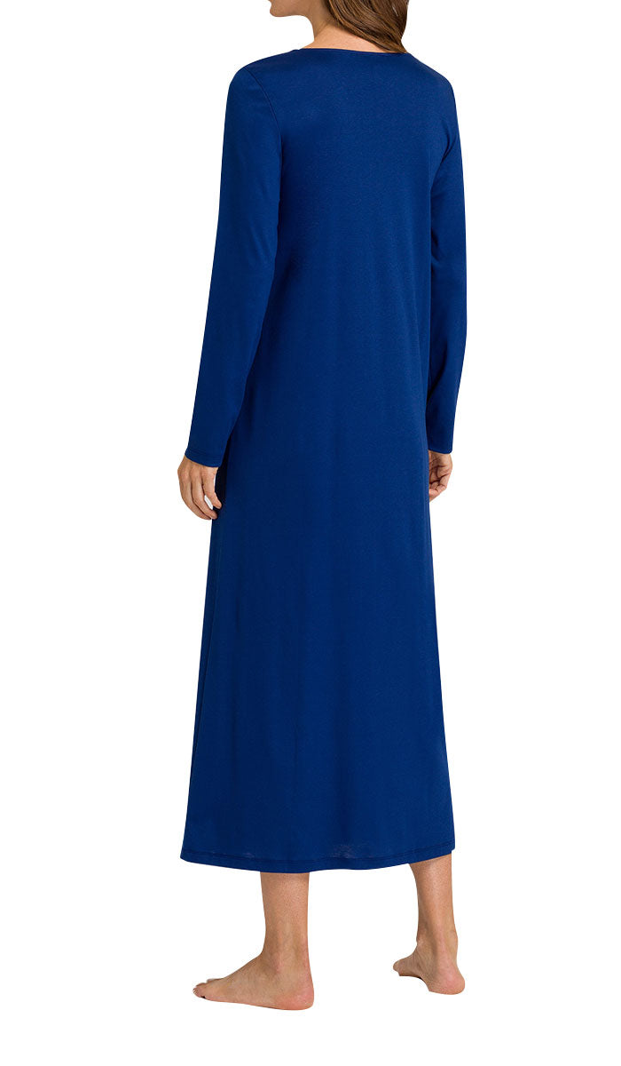woman wearing hanro nightgown in space blue