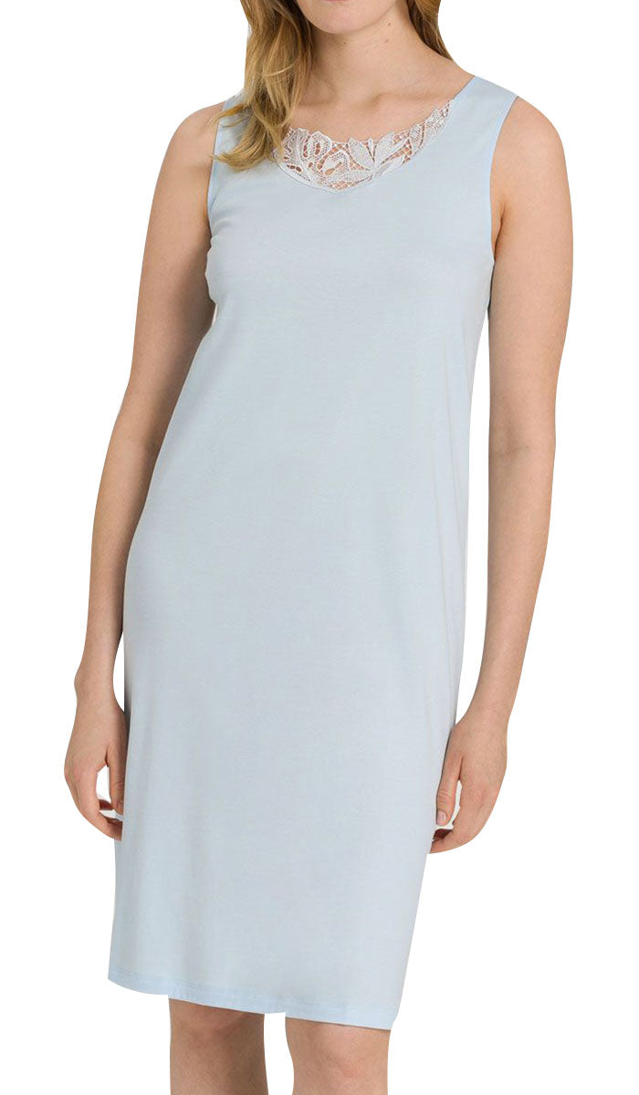 woman wearing hanro summer nightgown in glacier blue