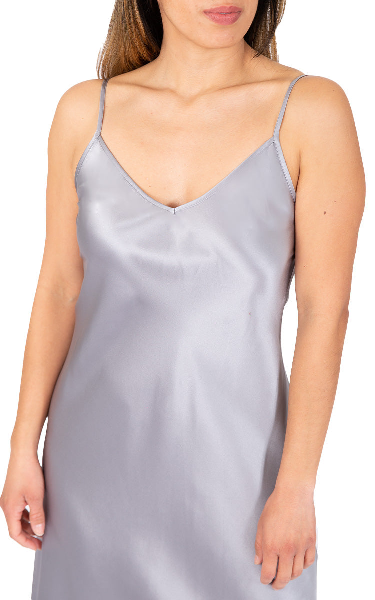 woman wearing Love and Luster nightgown slip in pewter