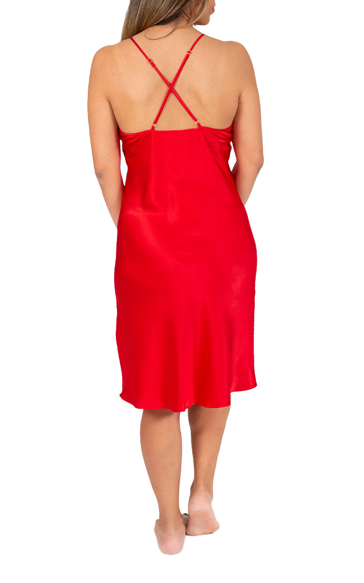 woman wearing Love and Luster silk chemise in valentines red 