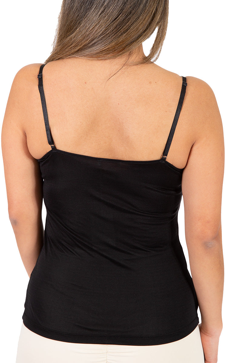 Woman wearing silk cami by love and lustre in black