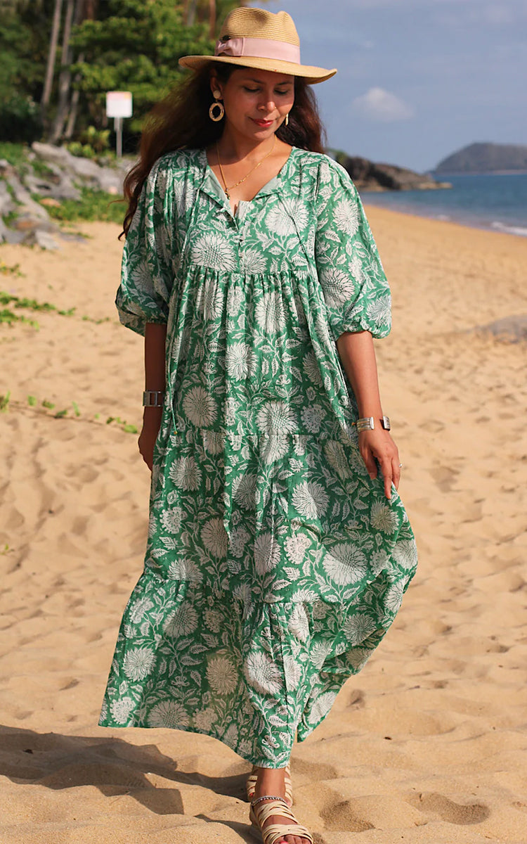 Cotton maxi Sundress Australia from River Goddess in Emerald floral print