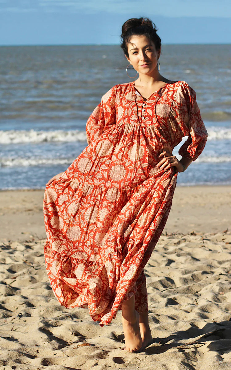 Cotton maxi Sundress Australia from River Goddess in Neera Rust Sunflower floral print