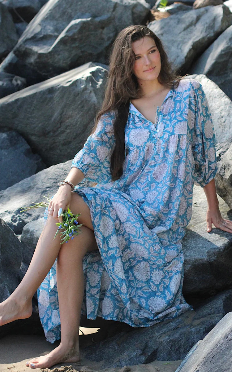 Cotton maxi Sundress Australia from River Goddess in Sky Sunflower floral print