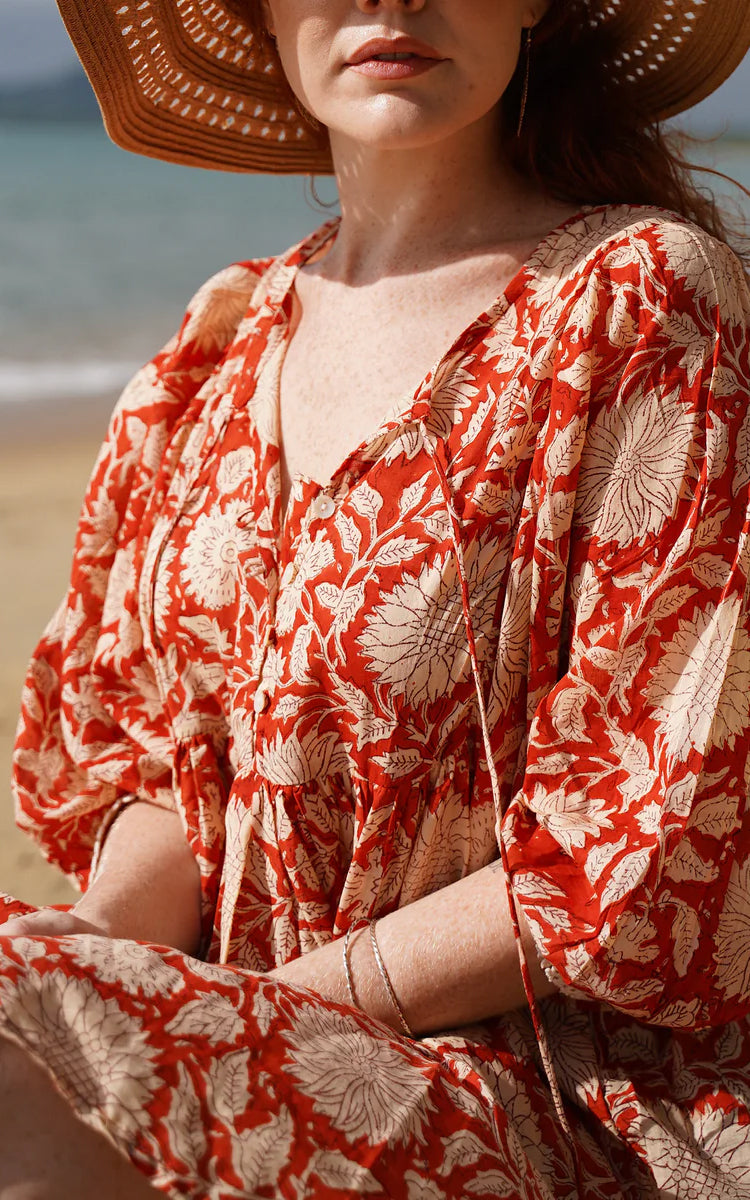 Cotton midi Sundress Australia from River Goddess in Rust Sunflower floral print