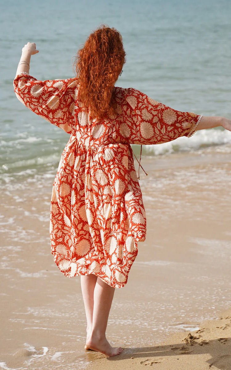 Cotton midi Sundress Australia from River Goddess in Rust Sunflower floral print