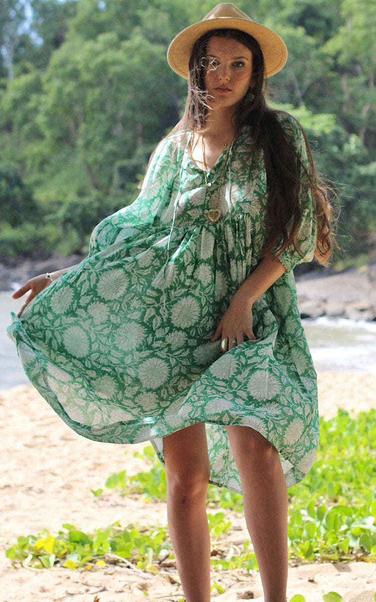 Cotton midi Sundress Australia from River Goddess in emerald floral print