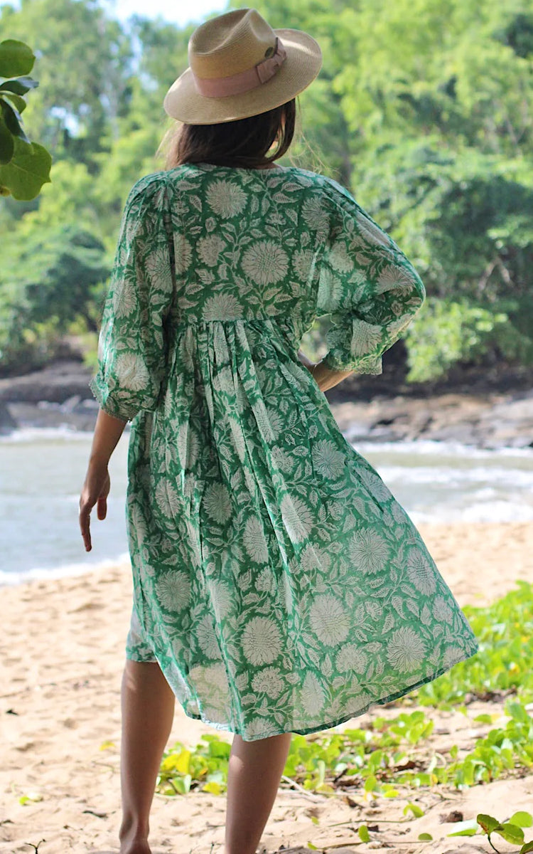 Cotton midi Sundress Australia from River Goddess in emerald floral print