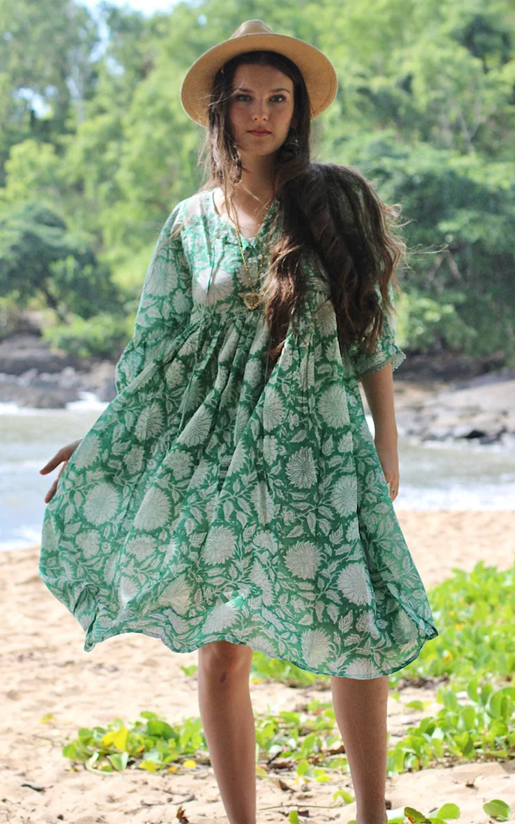 Cotton midi Sundress Australia from River Goddess in emerald floral print