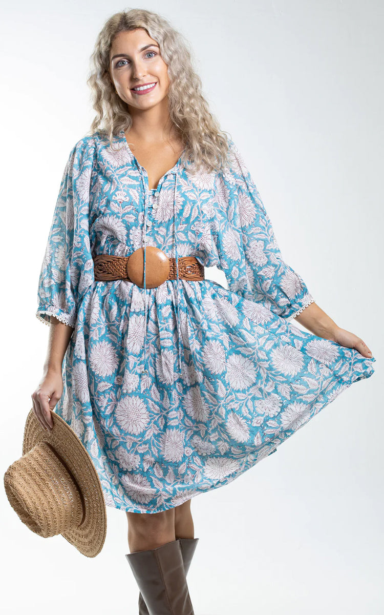 Cotton short Sundress Australia from River Goddess in sky blue floral print