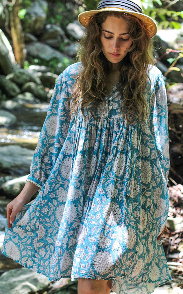 Cotton short Sundress Australia from River Goddess in sky blue floral print
