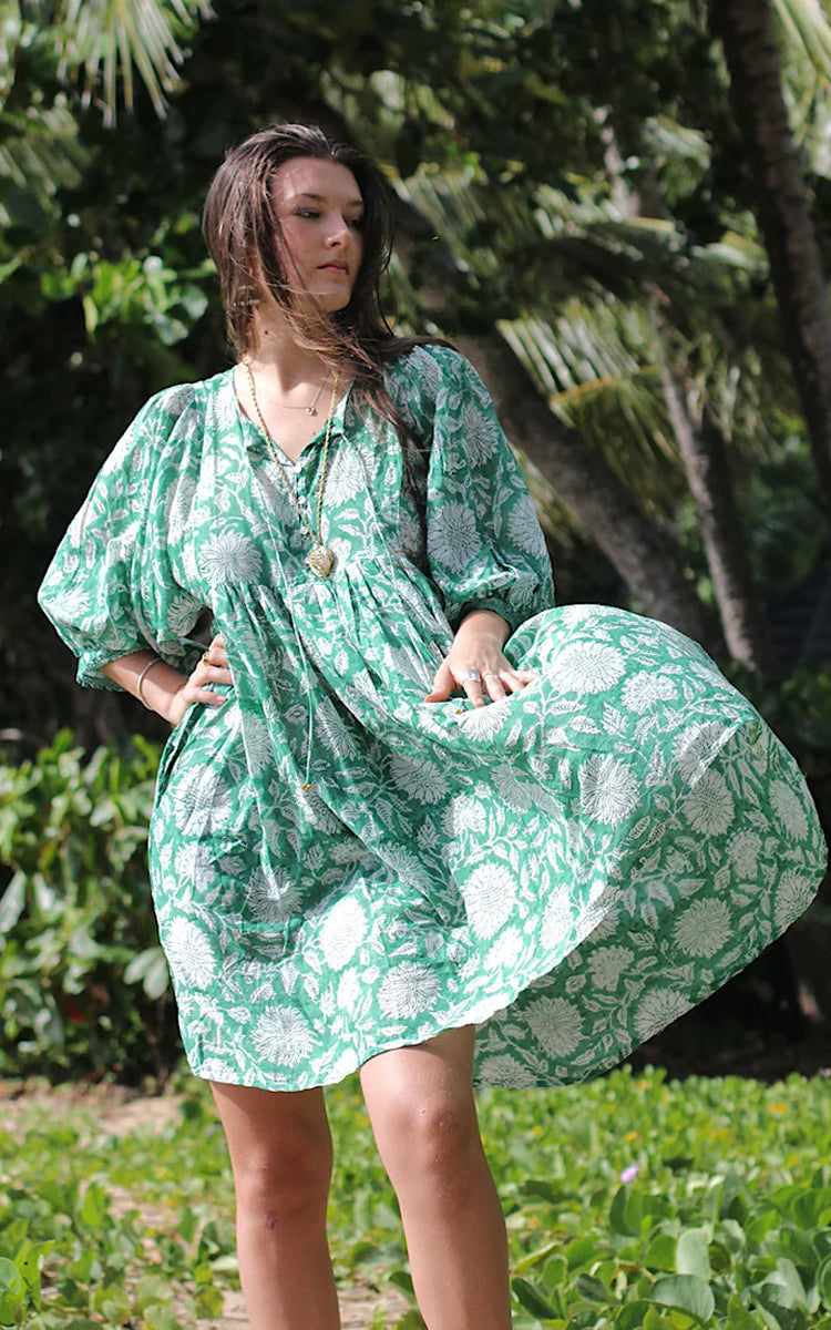 Cotton short Sundress Australia from River Goddess in emerald floral print
