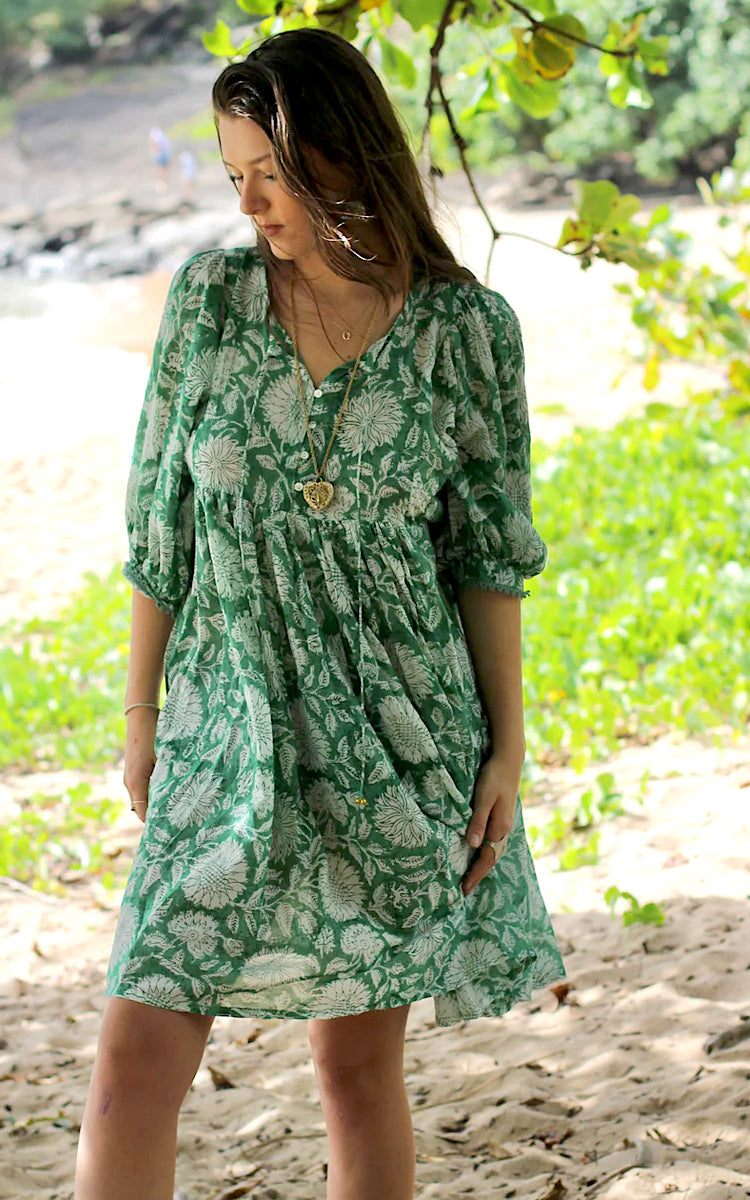 Cotton short Sundress Australia from River Goddess in emerald floral print