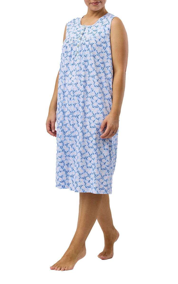 Schrank 100% Cotton Jersey Nightgown Sleeveless in Blue Daisie SK418D