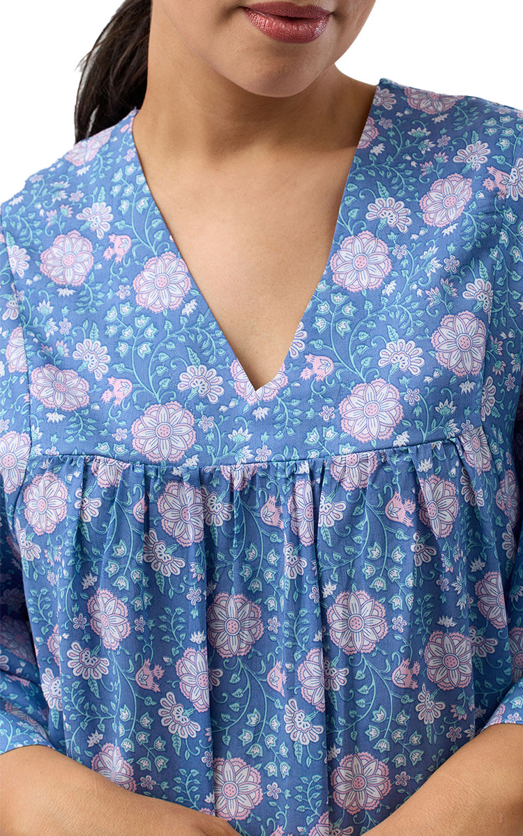 Schrank 100% Lyocell Nightgown with Short Sleeve Kaftan in Denim Boho Print SK705B5