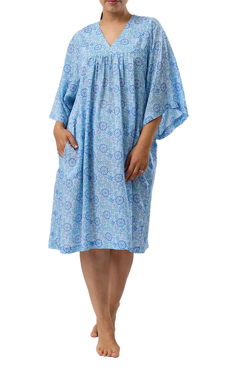 Schrank 100% Lyocell Nightgown with Short Sleeve Kaftan in Sky Blue Boho Print SK705B5