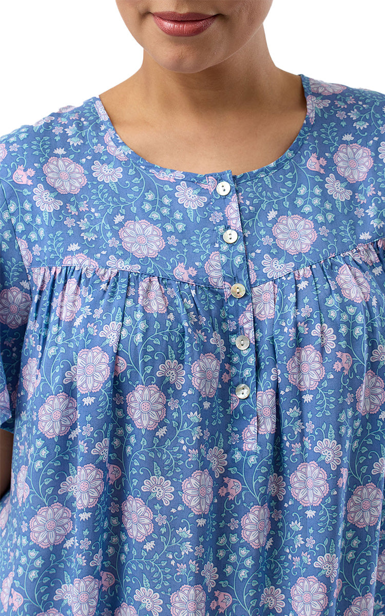 Schrank 100% Lyocell Nightgown with Short Sleeve in Denim Boho Print SK709B5