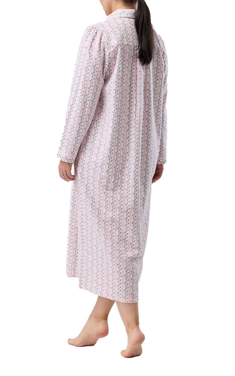 Schrank 100% Cotton Flannelette Nightgown with Long Sleeve and Collar In Pink Tulip Stripe SK629T6