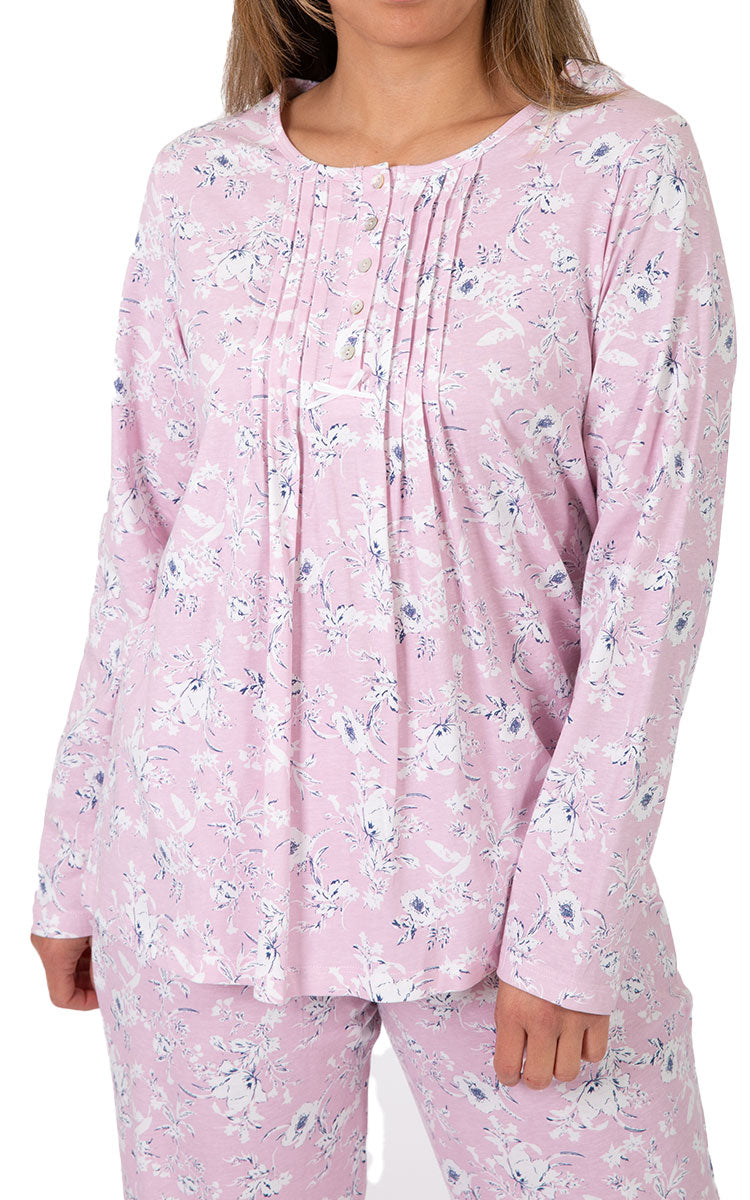 Schrank 100% Cotton Pyjama with Long Sleeve and Long Pant in Pink Floral Shelley SK103S