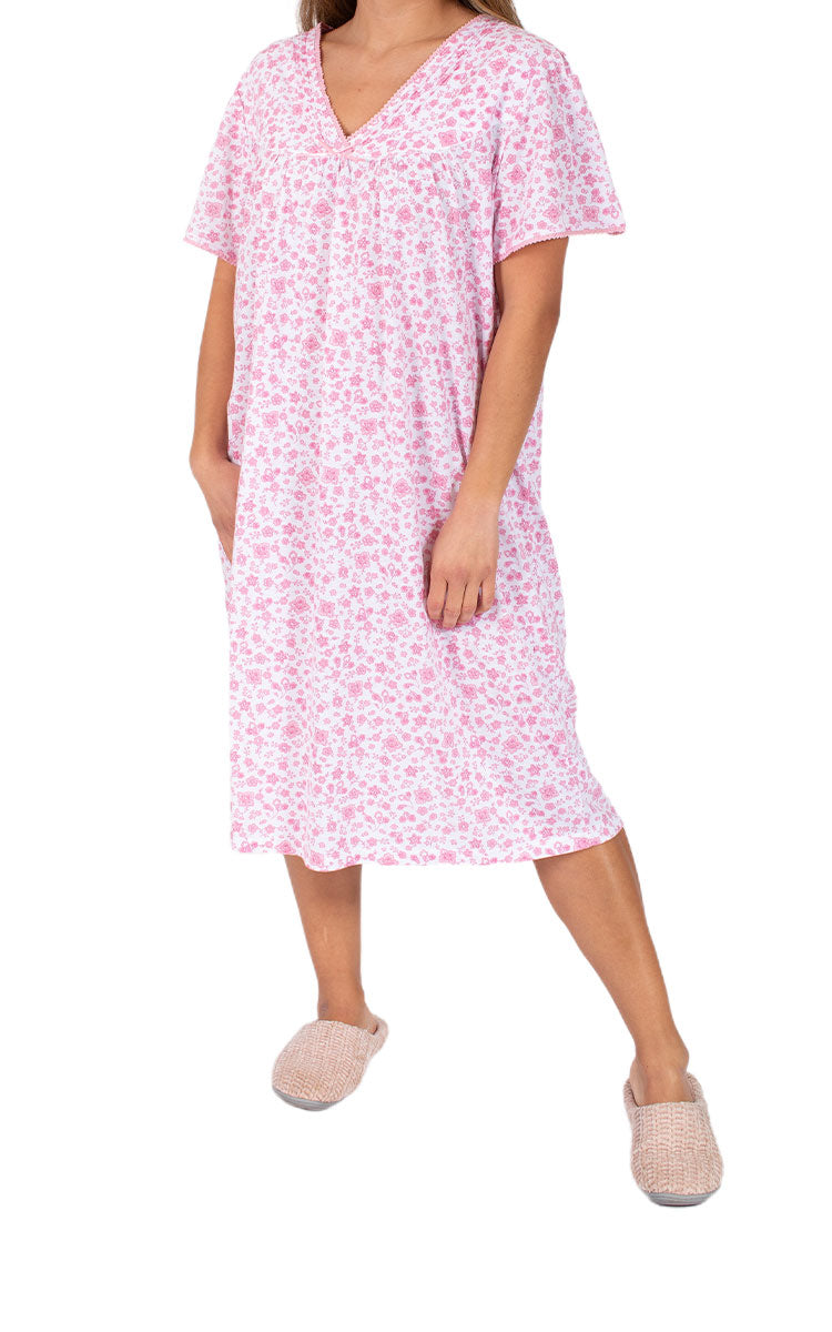 Woman wearing Schrank cotton nightgown for summer with short sleeves