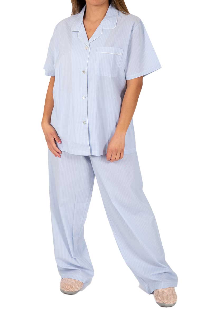 Schrank 100% Cotton Pyjama with Short Sleeve and Long Pant in Blue SK223