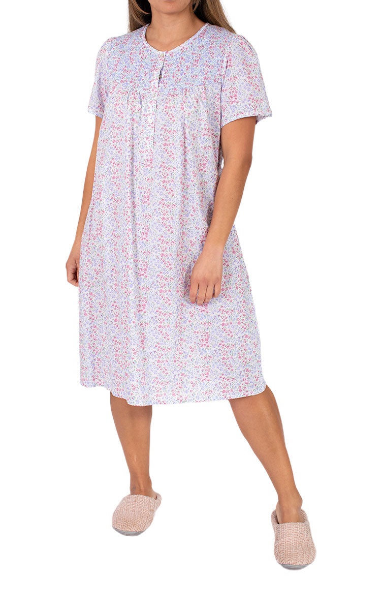 Woman wearing Schrank cotton nightgown for summer with short sleeves