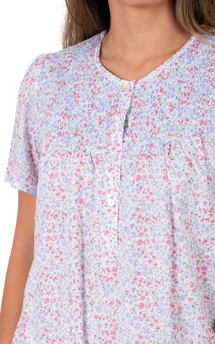 Woman wearing Schrank cotton nightgown for summer with short sleeves