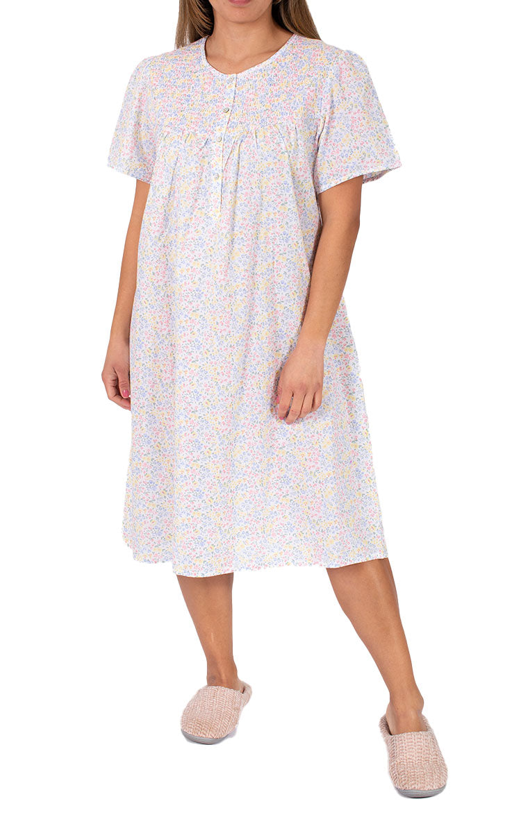 Woman wearing Schrank cotton nightgown for summer with short sleeves
