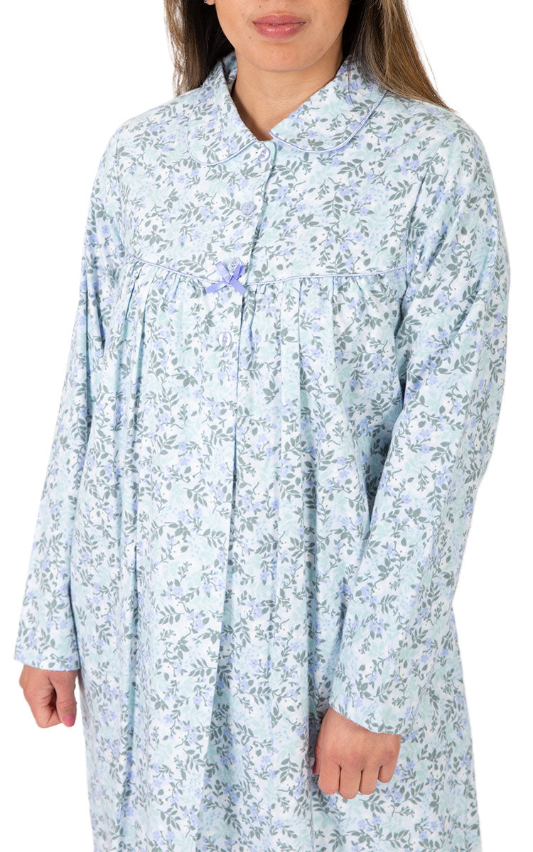 Woman wearing Schrank nightgown for winter in cotton flannelette