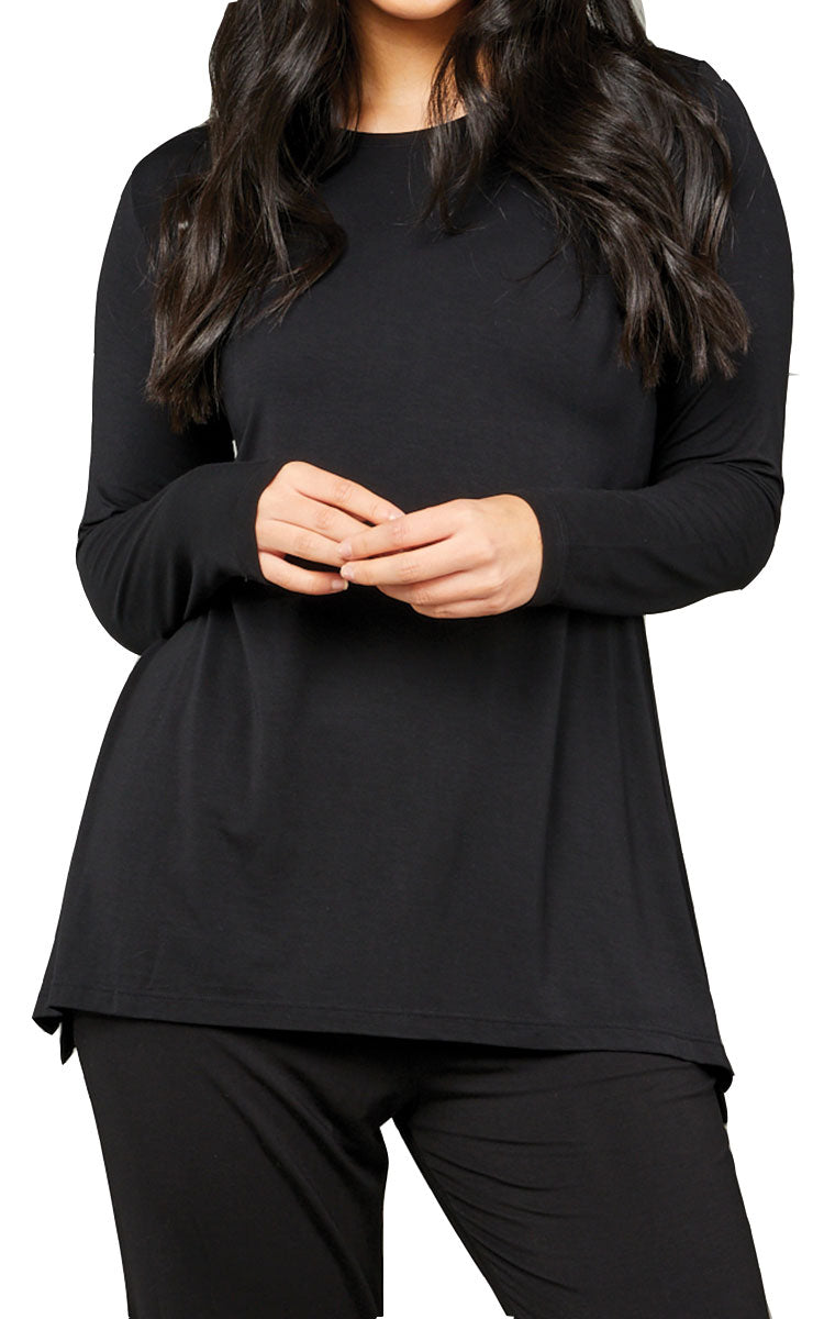 Tani 100% Modal Top with Long Sleeve and Round Neck Swing Fit in Black 79372