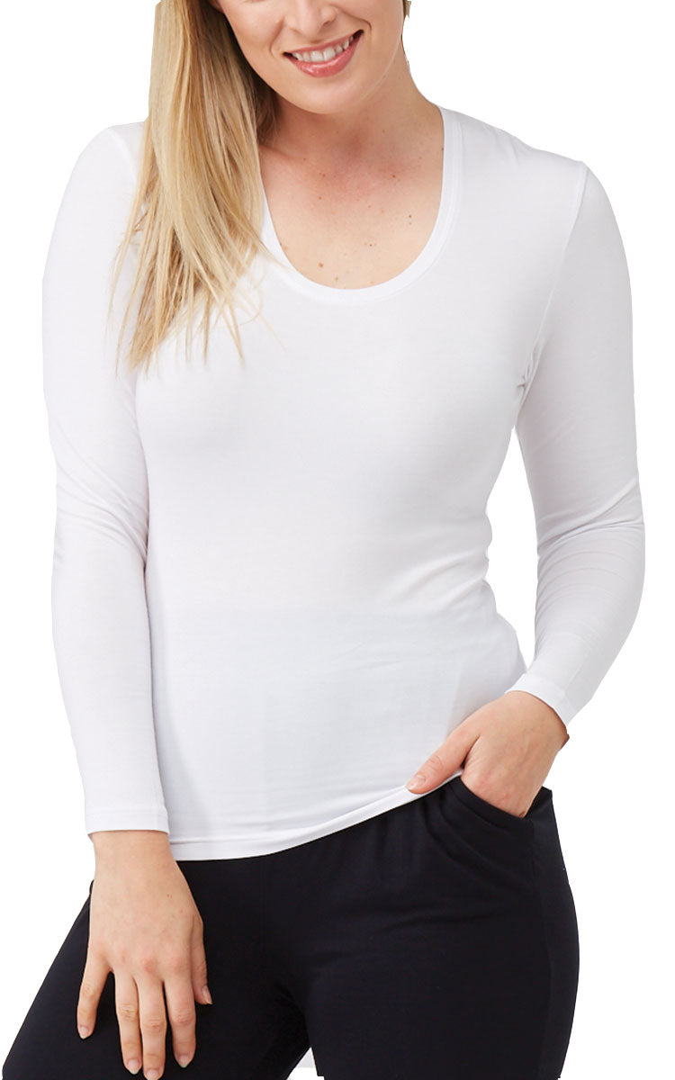 Tani 100% Modal Top with Long Sleeve and Scoop Neck in White 79350