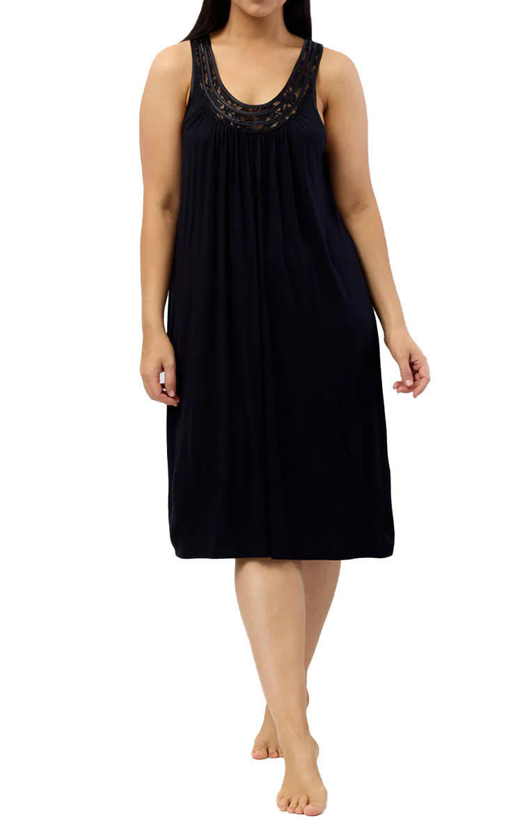 Yuu 100% Viscose Nightgown Sleeveless with Lace in Black Y362