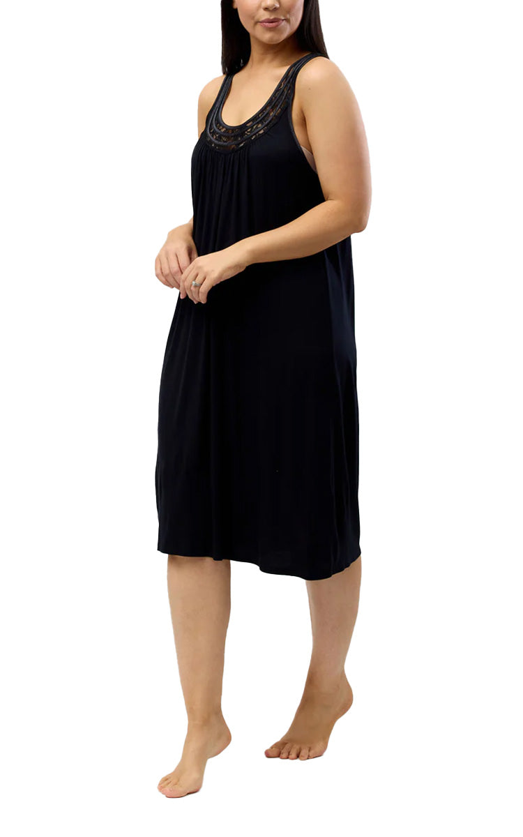 Yuu 100% Viscose Nightgown Sleeveless with Lace in Black Y362